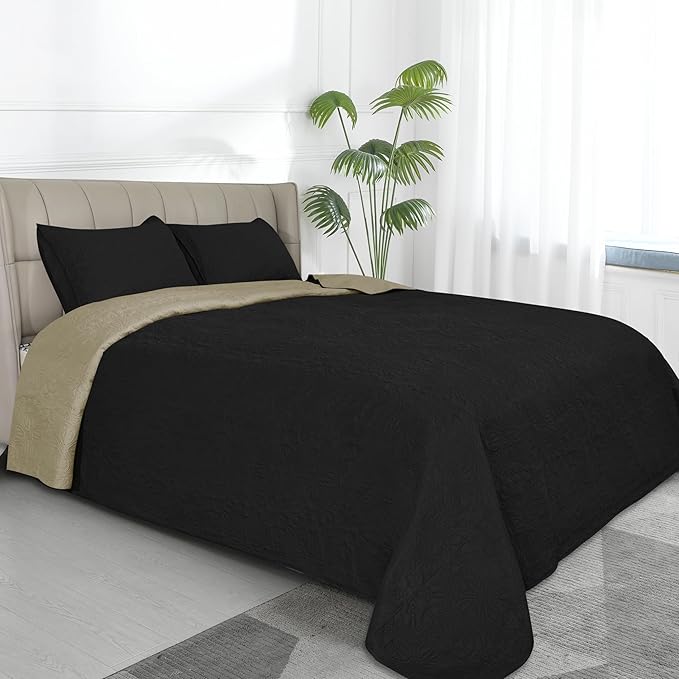 Easy-Going Reversible Quilt Set Full/Queen, Bedspread with 2 Shams | Damask-Black/Beige, Lightweight Microfiber Bed Comforter, 1 Quilt + 2 Pillow Shams, All-Season Coverlets for Bedroom