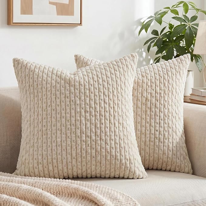 Fancy Homi 2 Packs Tan Decorative Throw Pillow Covers 16x16 Inch for Couch Bed Sofa, Modern Farmhouse Boho Home Decor, Soft Cute Plush Corduroy Tan Cushion Case 40x40 CM