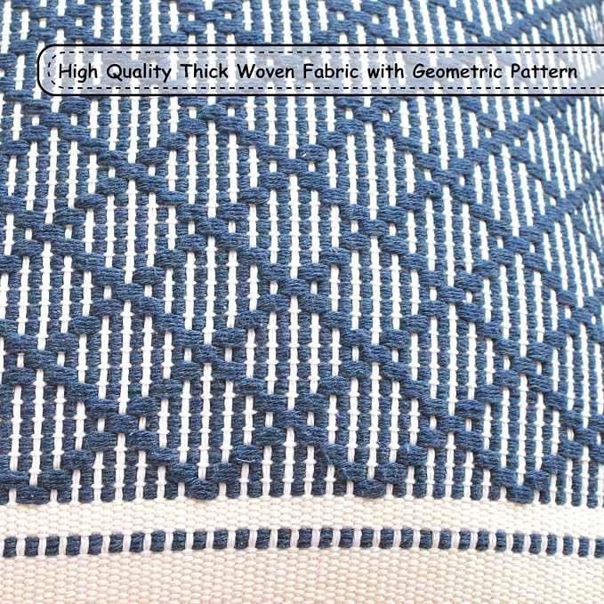 Decorative Boho Lumbar Pillow Covers with Tassels Navy Blue Off White, 12x20 inch -Set of 2 / Small Rectangle Cushion Covers for Couch Sofa/ Farmhouse Woven Pillow Cases/ Accent Chair Pillow Covers