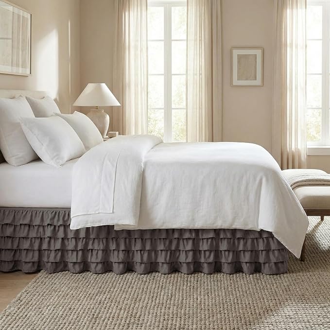 Elegant Comfort Luxurious Premium Quality 1500 Thread Count Wrinkle and Fade Resistant Egyptian Quality Microfiber Multi-Ruffle Bed Skirt - 15inch Drop, Queen, Grey