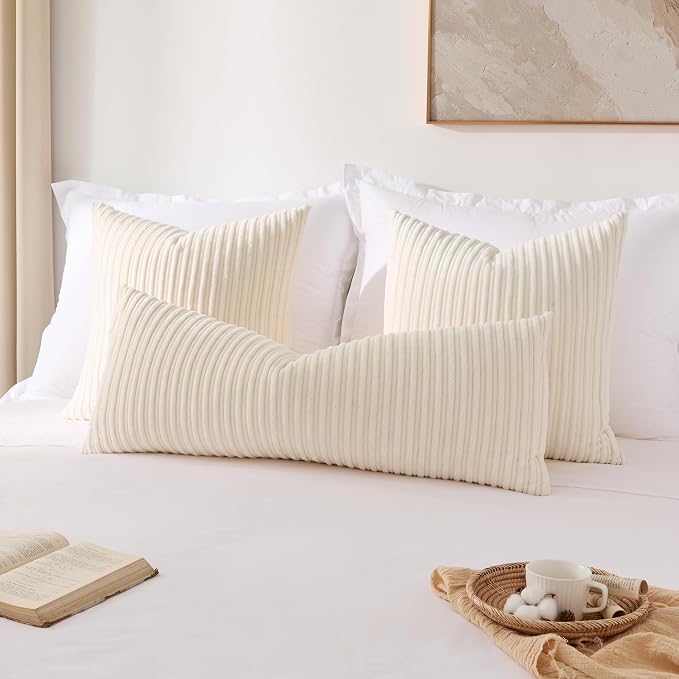 Kevin Textile Striped Corduroy 14”x36” Pillow Cover 1 Pack, Cream White