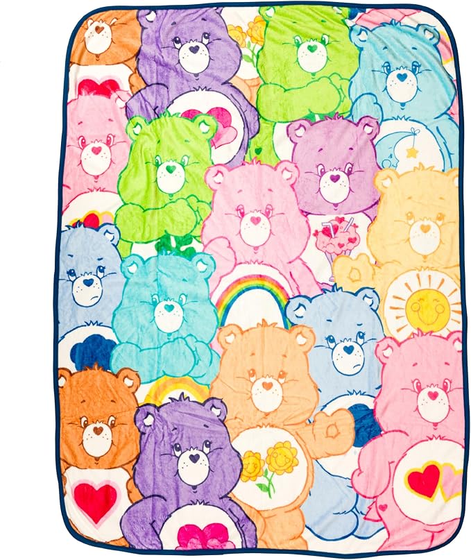 Silver Buffalo Care Bears Featuring Tenderheart, Harmony, Good Luck, Bedtime, Love-A-Lot, Cheer, Share, Funshine, Grumpy, Wish, and Friend Bear 45” x 60” Fleece Throw, Soft and Cozy Blanket, 250 GSM