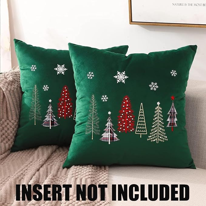 Christmas Embroidery Throw Pillow Covers 24 x 24 inch Set of 2 Xmas Dec Velvet Pillowcases Forest Green Christmas Trees Cushion Pillow Cases Soft Square Holiday Pillowcase