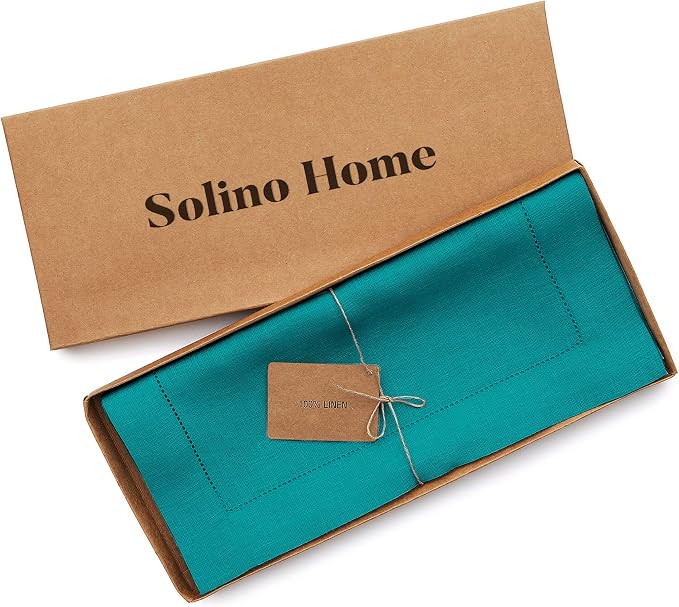 Solino Home 100% Pure Linen Table Runner Teal, Classic Hemstitch 14 x 90 in | a graceful centrepiece for dining and gatherings, hemstitched border, mitered corners, machine washable, OEKO-TEX Certified