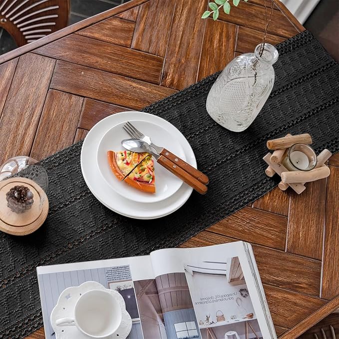 Macrame Table Runner Pure Black Boho Table Runners with Tassels 12x36in | Alynsehom Hand Woven Cotton Table Runner Rustic Farmhouse Table Runners for Bohemian Kitchen Dining Table