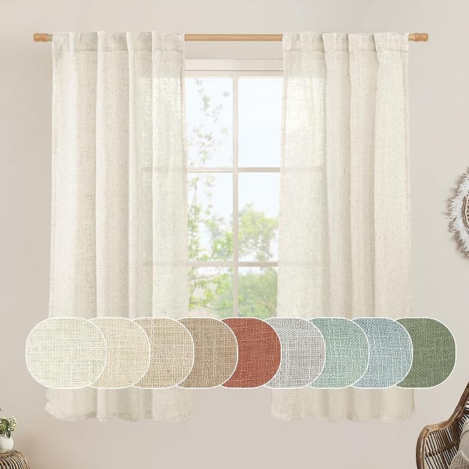 Natural Linen Semi Sheer Curtains 63 Inch for Bedroom, 2 Panels | Light Filtering, Neutral, Soft Thick, Window Treatment, Farmhouse Boho, Rod Pocket Back Tab, Cream Ivory, 38 x 63 Inch