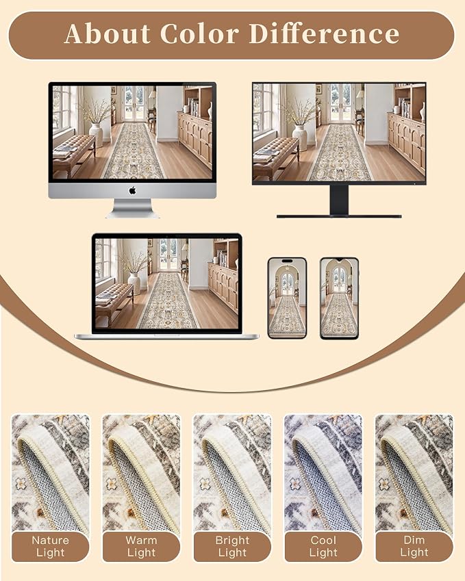 Madane 5x7 Area Rugs for Living Room, Non-Slip Washable Rug, Brown/Gold | Ultra-Thin Stain Resistant Vintage Large 5'X7' Carpet, Soft Low Pile Floor Mat For Bedroom Dining Room Office Home Decor