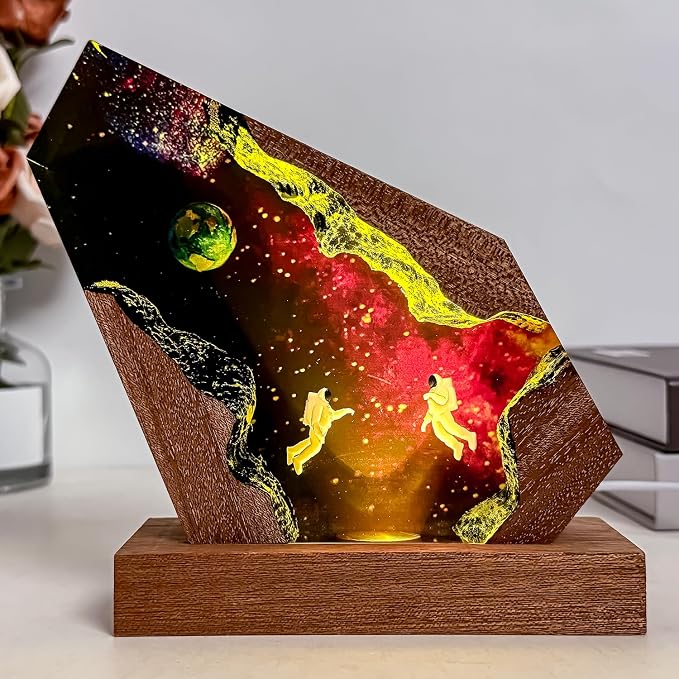Handmade Galaxy Resin Lamp, 3D Cosmic Universe Lamp with Wooden Base