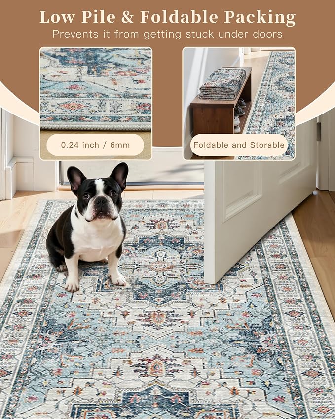 Madane Kitchen Runner 2'6''x8' Soft Rug Runners for Hallways, Blue | Vintage Machine Washable Rugs 2.5x8 Ft, Non-Slip Low Pile Stain-Resistant 8ft Floor Carpet for Laundry Room, Corridor