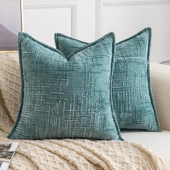 MADIZZ Pack of 2 Chenille Throw Pillow Covers 16x16 Inch Teal Soft Neutral Decorative Throw Pillows for Couch Sofa Boho Accent Cushion Covers Modern Farmhouse Home Decor for Bedroom Living Room
