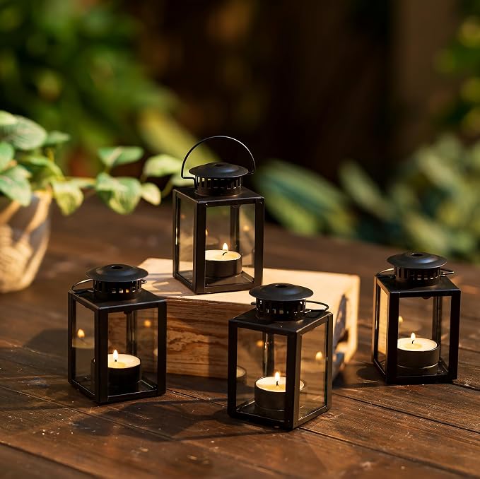 Small Black Lantern Decorative Outdoor, Set of 4 Candle Holder | Mini Hanging Lantern with Tealights & Glass, Farmhouse Indoor Decor, for Table Centerpiece, Fireplace, Wedding, Christmas