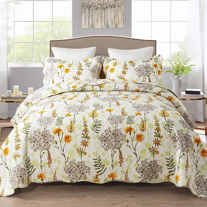 NEWLAKE Quilt Bedspread Sets-Yellow Flower Pattern Reversible Soft Coverlet Set,King Size