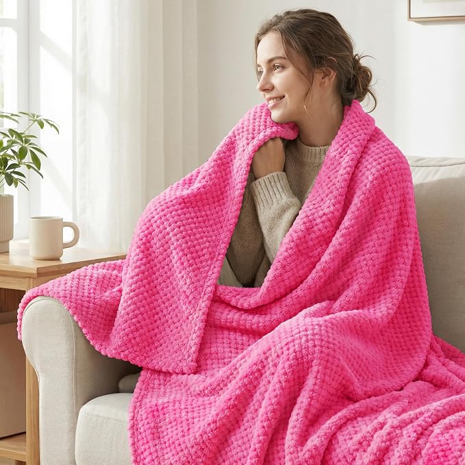 Exclusivo Mezcla Soft Waffle Fleece Bed Blanket Queen Size, Hot Pink | Lightweight Plush Blanket for Bed, Bedroom, Cozy Flannel with Waffle Texture, Stylish Home Decor, All Season, 90x90 Inches