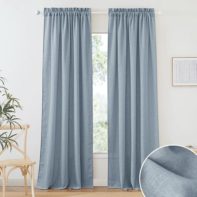 RYB HOME Flax Linen Blend Curtains 102 inches Long for Living Room | Semi Translucent, Privacy Protection, Light Filtering, Decorative Drapes, for Bedroom, Dusty Blue, W52 x L102, 2 Panels