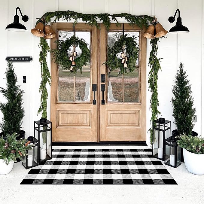 SEEKSEE Buffalo Plaid Outdoor Rug 3' x 5' Black and White Front Door Mat, Layering Rug for Porch, Washable Doormat, Cotton Area Rug for Outdoor Entrance Entryway Patio Porch Decor