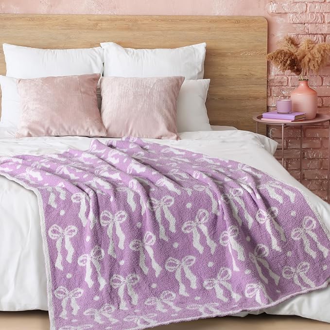 Buryeah Purple Bow Blanket Soft Microfiber Double Sided Bow Throw Blanket 50"x 60" Coquette Aesthetic Dormitory Room Decor Plush Sofa Chair Bedding Stuff for Women, Christmas Fall Thanksgiving Gifts