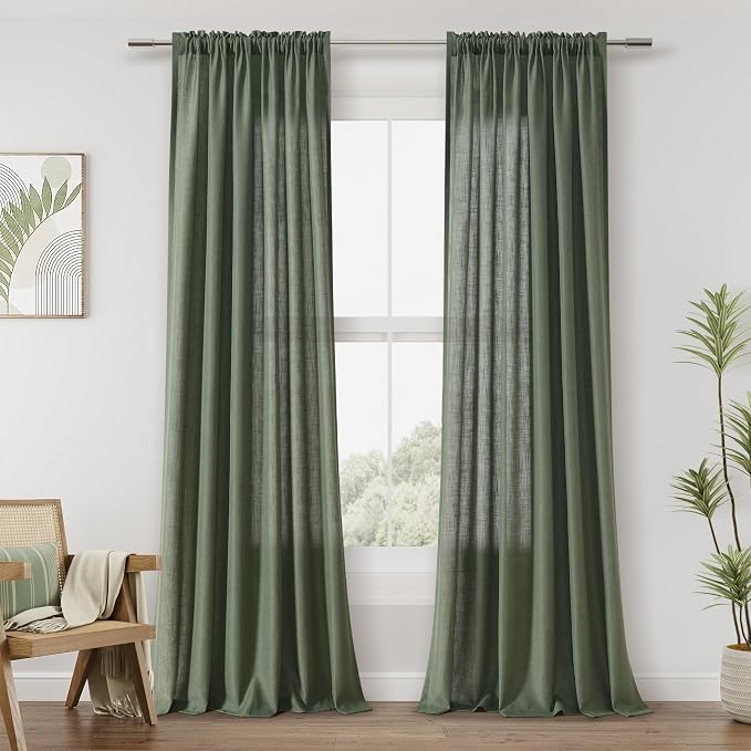 Olive Green Linen Curtains 90 Inch Length for Living Room Bedroom 2 Panels Set Rod Pocket Light Filtering Semi Sheer Window Curtains 52 Inch Width Boho Farmhouse Linen Drapes, W52xL90