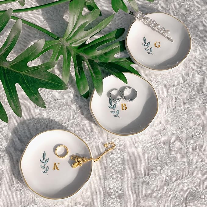 Personalized Ceramic Ring Dish, Initial Jewelry Tray for Rings, Earrings, Necklaces & Bracelets, Gift for Engagements, Birthdays, Holidays, Mom, Sister, Bridesmaid, Bride-to-Be, 4" Ring Plate