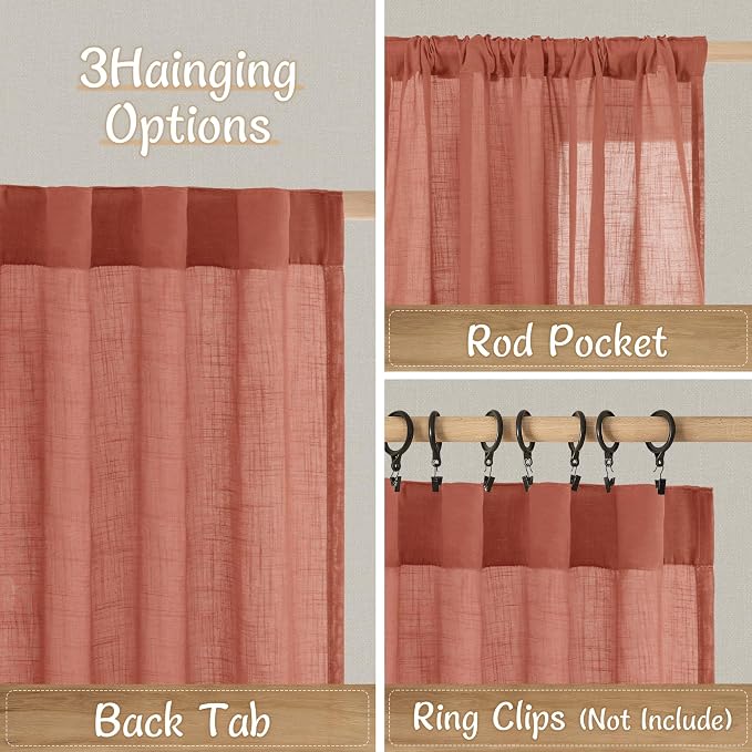 Terracotta Semi Sheer Linen Curtains 54 Inch Length 2 Panels | Light Filtering Bedroom Curtains, Rustic Fall Decor, Drapes for Living Room, Windows, Back Tab Rod Pocket, 34 x 54 Inch
