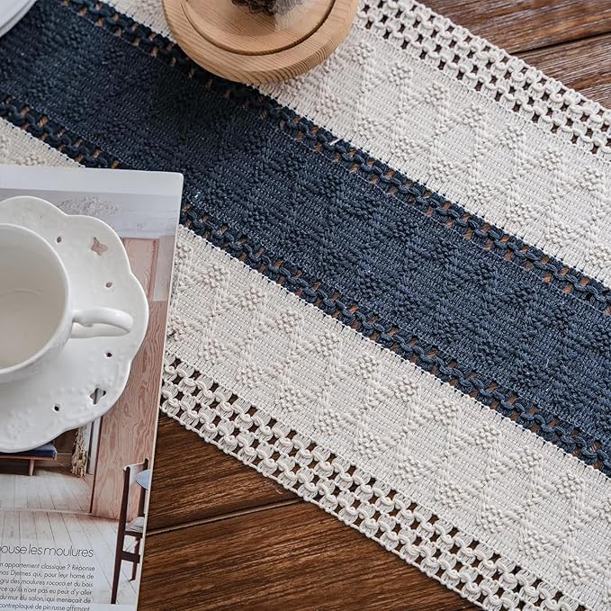 Macrame Table Runner Beige and Blue Boho Table Runners with Tassels 12x36 | Alynsehom Hand Woven Cotton Table Runner Rustic Farmhouse Table Runners for Bohemian Kitchen Dining Table