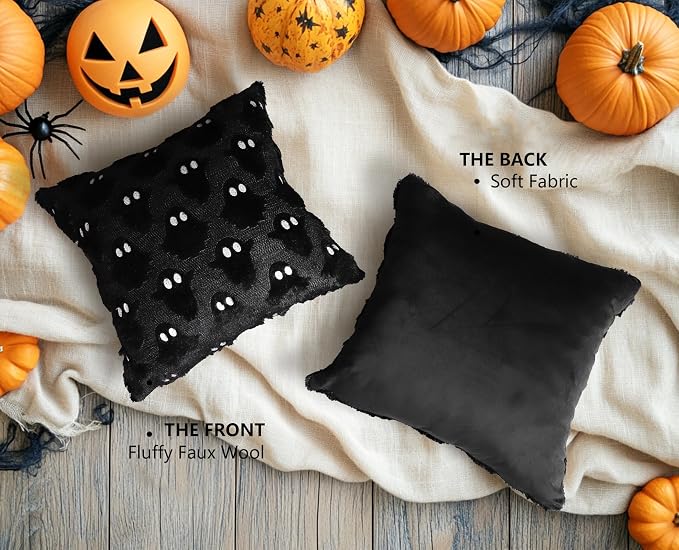 4TH Emotion Halloween Ghost Decorative Pillow Covers 18x18 Set of 2, Black Soft Plush Faux Fur Farmhouse Throw Cushion Cases for Fall Autumn Holiday Home Decorations