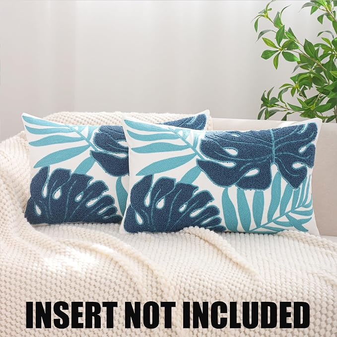 Embroidered Throw Pillow Covers 12x20 Pack of 2 Blue Botanical Leaf