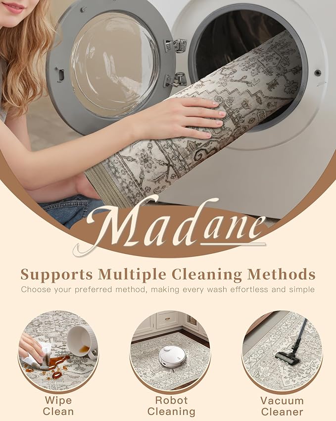 Madane Washable Area Rug 2x3 Small Entryway Rugs Non-Slip, Beige/Brown | Vintage Stain-Resistant Door Mat Indoor Entrance, Low Pile Floor Carpet for Inside Front Bedroom Kitchen Entry Laundry, Stair