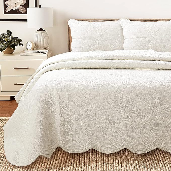 Cozy Line Home Fashions Cotton Quilt Set Twin – 2-Piece Ivory Matelasse Quilted Medallion Bedspread, Lightweight All Season Coverlet