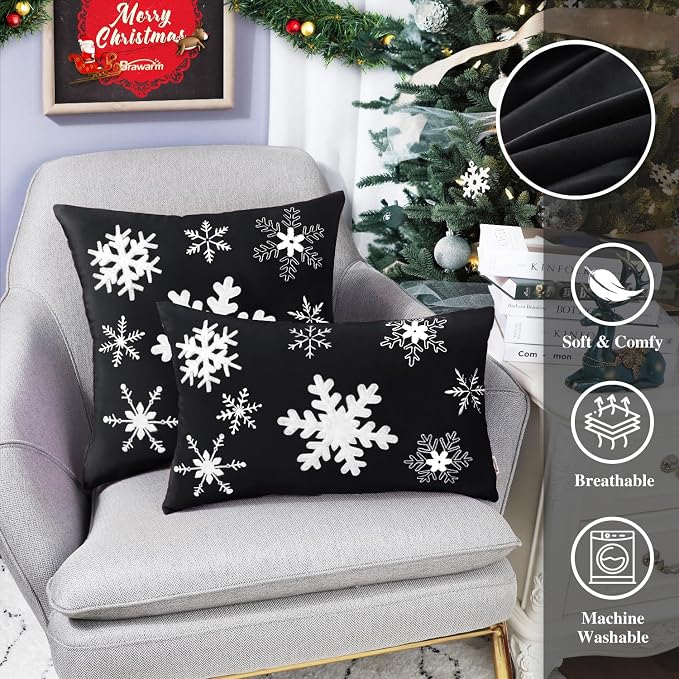 BRAWARM Christmas Pillow Cover 20 X 20 Inches, Black Snowflake Embroidered Pillow Cover, Soft Velvet Decorative Throw Pillow for Couch Bed Sofa Living Room Home