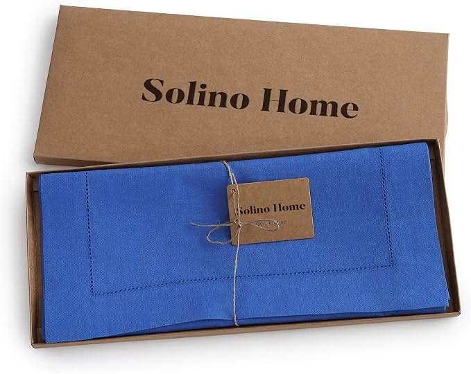 Solino Home 100% Pure Linen Table Runner Blue, Classic Hemstitch 14 x 60 in | brings a tailored look to family meals and hosting, hemstitched border, mitered corners, machine washable, OEKO-TEX Certified