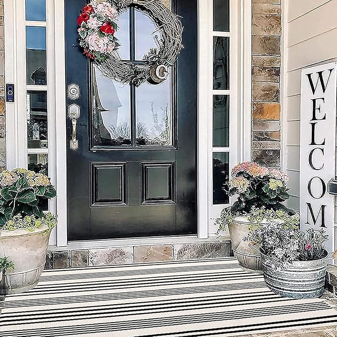BUAGETUP Black and White Outdoor Rug 3'x 5' Cotton Woven Washable Rug Striped Front Porch Rug Area Rug Floor Mat for Farmhouse/Layered Door Mats/Living Room