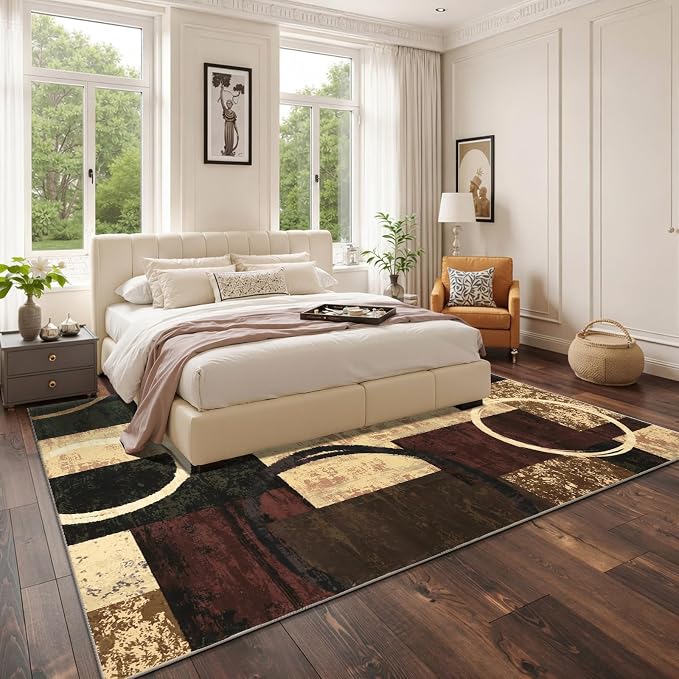 Yamaziot 8x10 Washable Modern Abstract Area Rug Non-Slip Living Room Rug | Stain Resistant, Low Pile, Ultra Soft Carpet Rug with Rubber Backing for Dining Room, Nursery, Bedroom, Office, Brown