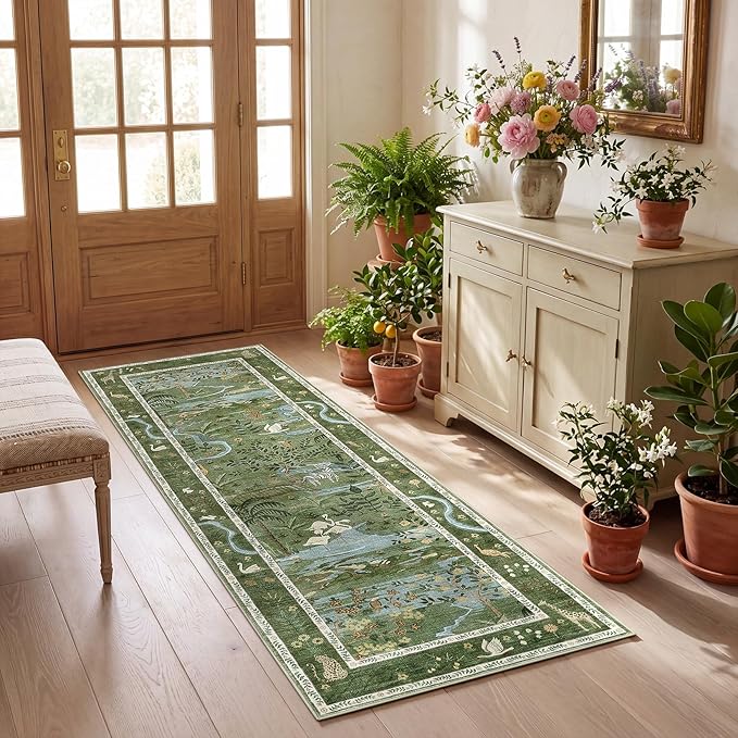 2x6 Hallway Runner Rug Non Slip Forest Nursery Runners Washable Stain Resistant Fairy Tale Whimsical Long Runner Carpets Girls Room Green Safari Animal Rugs for Living Room Kitchen Bedroom, Green