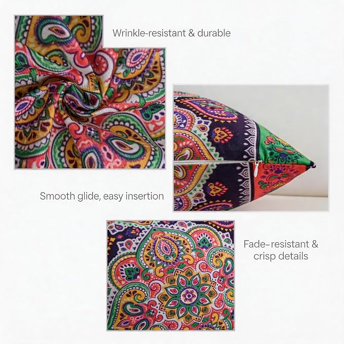 Ethnic Floral Pillow Covers 18x18 Set of 2 Boho Mandala Throw Pillows for Couch Vibrant Polyester Decorative Cushion Cases for Bedroom Living Room Patio Outdoor