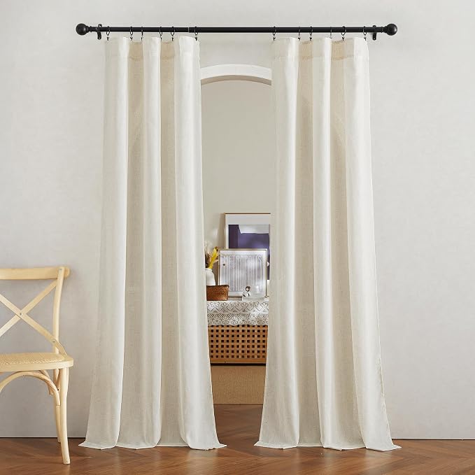 NICETOWN Flax Linen Living Room Curtains 90 inches Long, Rod Pocket & Back Tab Semi Sheer Linen Drapes Privacy Added with Light Filtering for Bedroom/Living Room, Natural, W42 x L90, 2 Panels