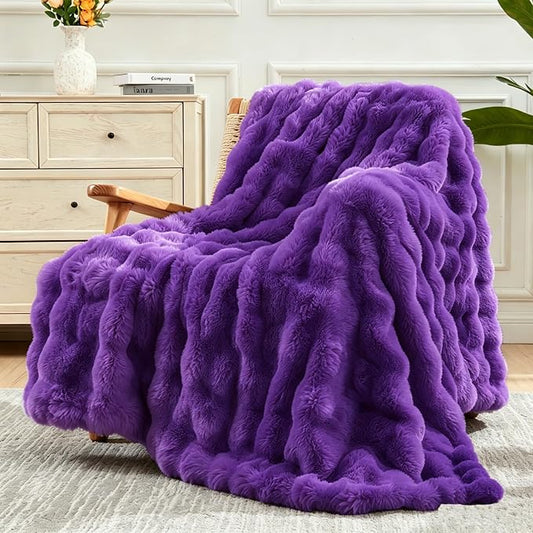 NEWCOSPLAY Faux Fur Fluffy Bubble Throw Blanket for Couch, Purple, 50"x60" | Soft Thick Warm Bubble Blanket for Couch Sofa Bed 550GSM, Plush Cozy Luxury Decorative Throw, Gift for Women Men