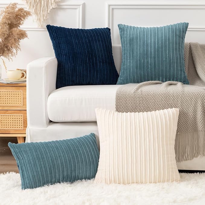 Kevin Textile Striped Corduroy 18”x18” Pillow Covers 2 Pack, Blue Grey