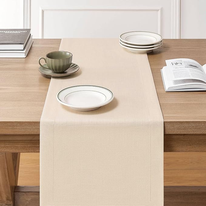 ZeeMart Linen Textured Border Table Runner, 14 x 60 Inch Cream | Mitered Corner Design, Medium Weight Fabric, Modern Farmhouse Style, Machine Washable Easy Care Everyday Table Scarf