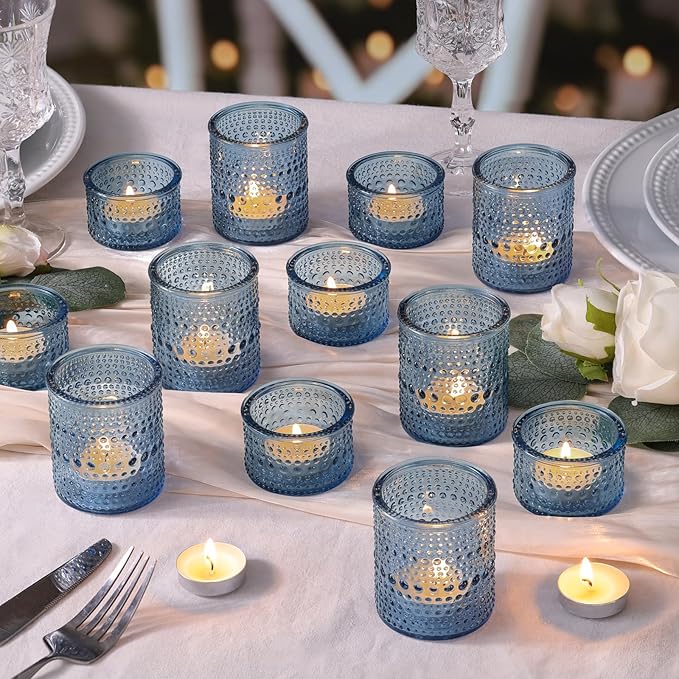 NITIME Blue Glass Votive Candle Holders Set of 24, Assorted Heights Polka Dot Tealight Candle Holders for Table Centerpiece, Blue Candle Holder Decor for Wedding, Baby Shower Party & Spa
