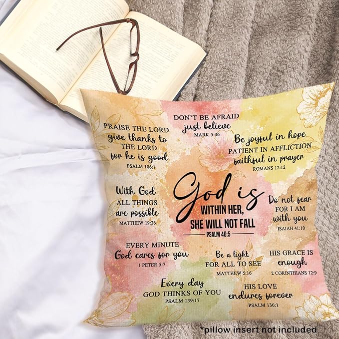 Christian Floral Throw Pillow Cover 18x18, Bible Verse Decor Pillow Cases for Women, God Is Within Her She Will Not Fall Motivational Decorative Square Pillowcases for Home Living Room Bedroom