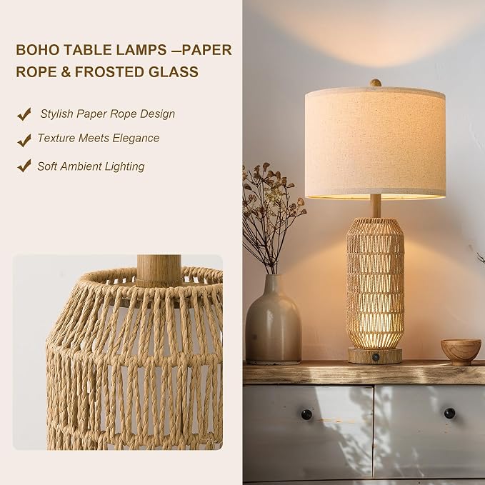 OYEARS 25" Table Lamps Set of 2 with Night Light,Bedside Lamps for Bedroom,Boho Lamps with USB C+A Charging Ports,Farmhouse Table Lamp with Rattan,Frosted Glass,Linen Shade (Wood Grain,Bulb Included)