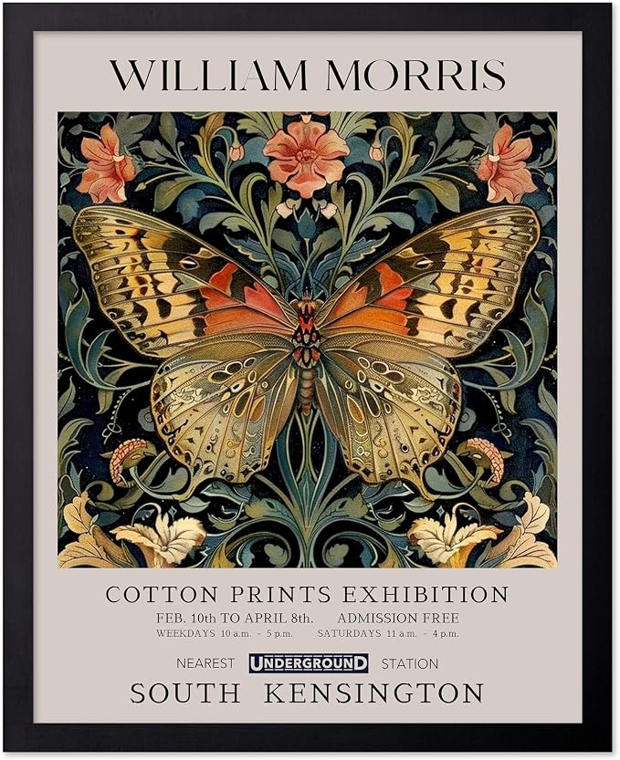 Monem Art William Morris Poster - Butterfly Print - Flower Art - Botanical Poster - Moth Illustration - Floral Creation - Aesthetic Living Room Decor - 16x20 Black Framed