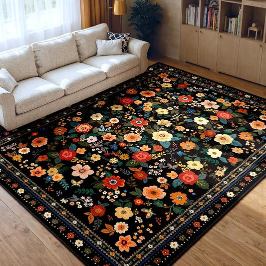 Washable Floral Area Rug for Living Room 9x12 Black | Non-Slip，Vacuum-Friendly, Low Pile, Flower Carpet for Bedroom Kitchen Entryway Dining Room Office Nursery