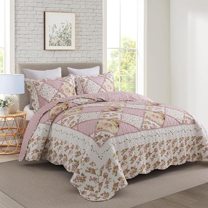 Travan 3-Piece Quilt Set Quilted Bedspread Lightweight Coverlet Set Garden Style Floral Printed Oversized Quilted Bedding Set with Shams for All Season, Exquisite, King Size