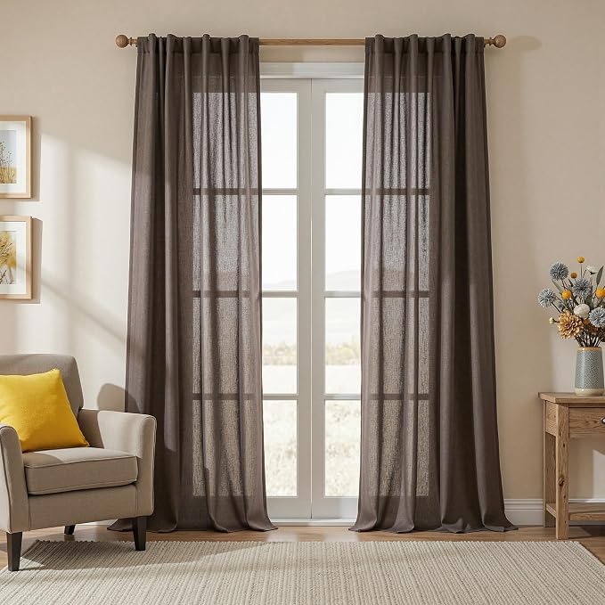 MYSKY HOME Dark Brown Curtains 96 Inches Long for Living Room Sliding Glass Door Semi Sheer Drapes Light Filtering Window Treatments Soft Farmhouse Style Privacy Protect Back Tab, 50" x 96", 2 Panels