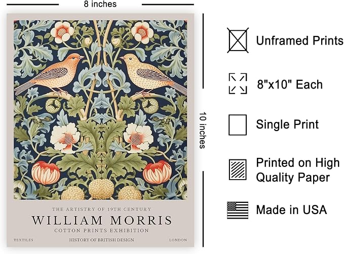 Poster Master Strawberry Thief Art Print - William Morris Poster - Botanical Flower & Animal Art - Exhibition Wall Design - Floral Bird Illustration - Office or Bedroom Wall Decor - 8x10 UNFRAMED Print