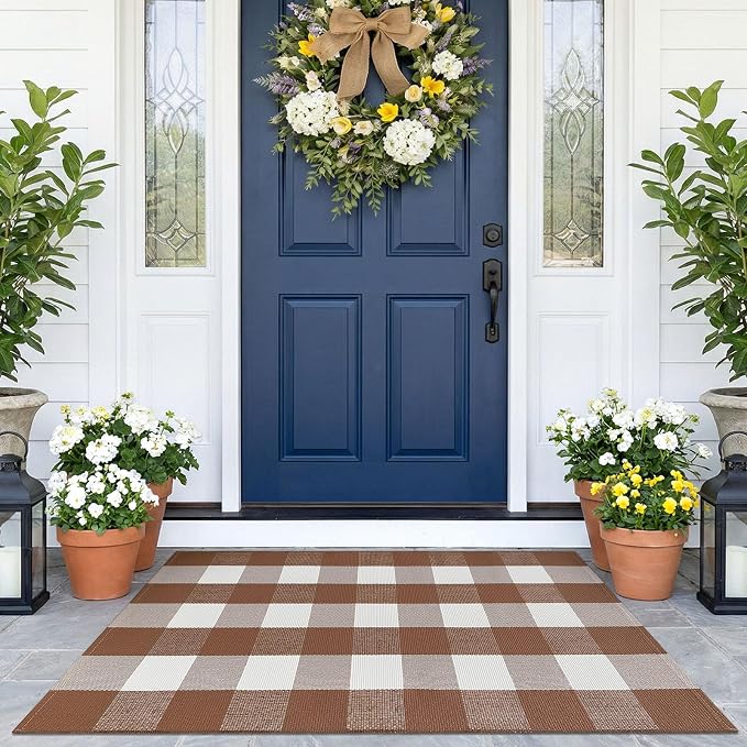 KOZYFLY Buffalo Plaid Area Rugs 2.3x3.6 Ft Front Door Mat, Brown and White | Washable Front Door Rug, Woven Cotton Outdoor Rug, Indoor Small Rug for Front Porch Kitchen Entryway, Checkered Welcome Mat
