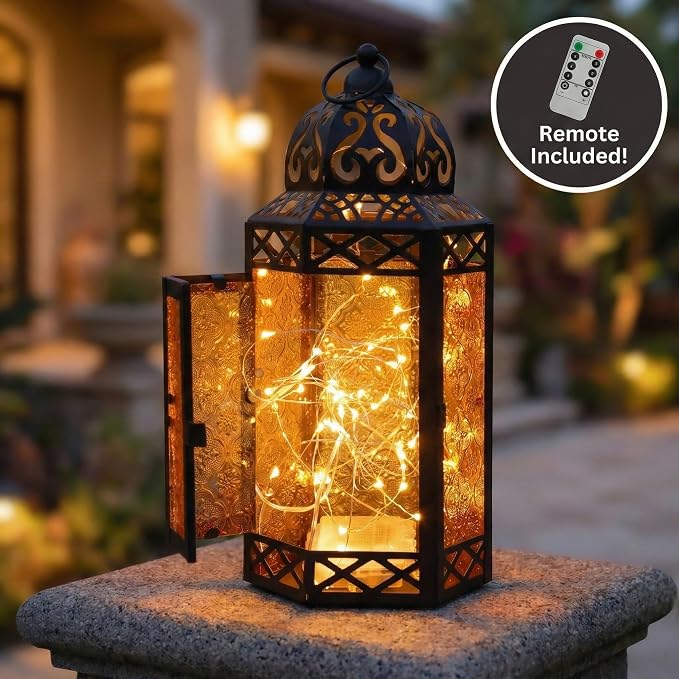Vela Lanterns Decorative Indoor Fairy Light Halloween Holder, Amber, L | Orange Fall Decorations, Fantasy Moroccan Candle Lamp, Turkish Metal Hanging, Diwali & Eid, Porch Patio, 12" Tall