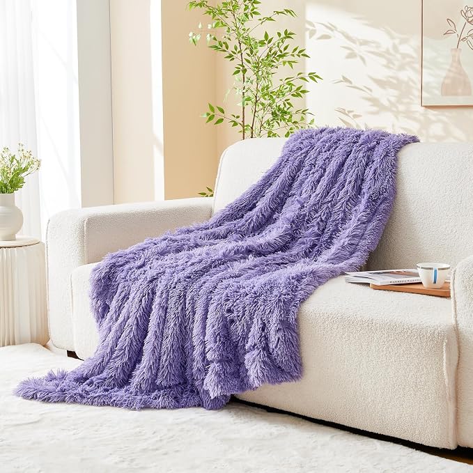 GONAAP Fuzzy Faux Fur Throw Blanket for Couch, Lavender, 50"x60" | Warm Cozy Plush Shaggy Decorative Reversible Thick Non-Heated Fleece Blanket for Sofa Bed, Gift for Women Men, All Season Use