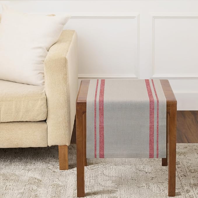 Solino Home 100% Pure Linen Table Runner, 14 x 36 in, Red, French Stripe | brings a tailored look to family meals and hosting, woven stripe, European flax fibres, machine washable, OEKO-TEX Certified